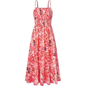 GRACE KARIN Summer Dresses for Women 2026 Vacation, Smocked Floral Maxi Dresses, Boho Beach Long Sundresses with Pockets(Pink Orange)
