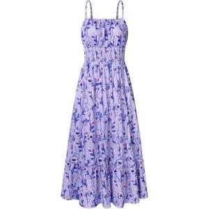 GRACE KARIN Summer Dresses for Women 2026 Vacation, Smocked Floral Maxi Dresses, Boho Beach Long Sundresses with Pockets(Purple Vine)