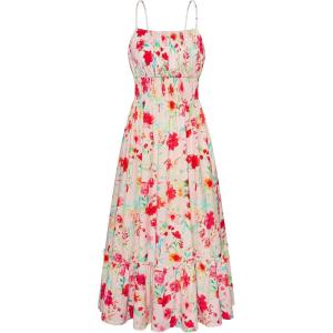 GRACE KARIN Summer Dresses for Women 2026 Vacation, Smocked Floral Maxi Dresses, Boho Beach Long Sundresses with Pockets(Red White Floral)