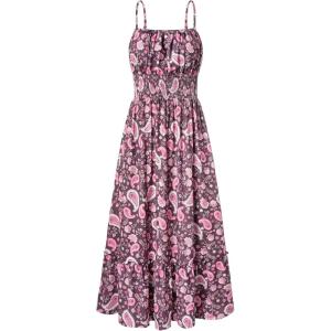 GRACE KARIN Summer Dresses for Women 2026 Vacation, Smocked Floral Maxi Dresses, Boho Beach Long Sundresses with Pockets(Wine Red Paisley)