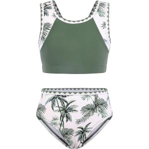 GRACE KARIN Teen Girls Swimsuits Two Piece Bikini Sets with Chest Pad Kids Tropical Print Bathing Suit 7-14Y(Green)