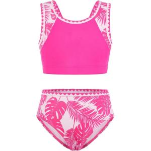 GRACE KARIN Teen Girls Swimsuits Two Piece Bikini Sets with Chest Pad Kids Tropical Print Bathing Suit 7-14Y(Hot Pink)