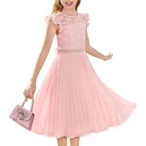 GRACE KARIN Teen Girls Wedding Guest Dresses Junior Bridesmaid Party Graduation Lace Pleated Flower Girl Dress Size 7-14(Light Pink)