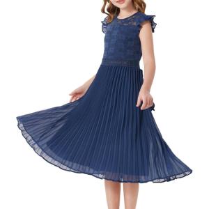 GRACE KARIN Teen Girls Wedding Guest Dresses Junior Bridesmaid Party Graduation Lace Pleated Flower Girl Dress Size 7-14(Navy Blue)
