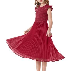 GRACE KARIN Teen Girls Wedding Guest Dresses Junior Bridesmaid Party Graduation Lace Pleated Flower Girl Dress Size 7-14(Wine Red)