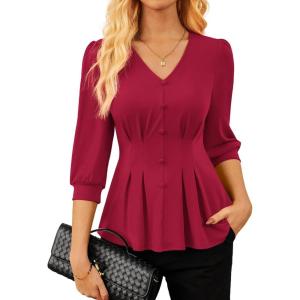 GRACE KARIN Women Business Casual Tops, 2026 Spring Trendy Dressy Blouses, 3/4 Sleeve Peplum Work Shirts V Neck Office Outfit(Burgundy)