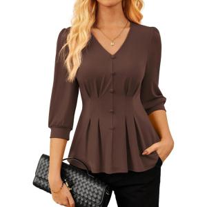 GRACE KARIN Women Business Casual Tops, 2026 Spring Trendy Dressy Blouses, 3/4 Sleeve Peplum Work Shirts V Neck Office Outfit(Chocolate)