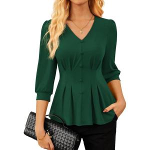 GRACE KARIN Women Business Casual Tops, 2026 Spring Trendy Dressy Blouses, 3/4 Sleeve Peplum Work Shirts V Neck Office Outfit(Green)