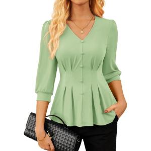 GRACE KARIN Women Business Casual Tops, 2026 Spring Trendy Dressy Blouses, 3/4 Sleeve Peplum Work Shirts V Neck Office Outfit(Light Green)