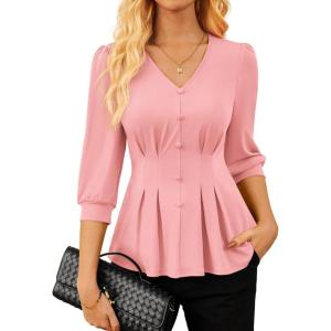 GRACE KARIN Women Business Casual Tops, 2026 Spring Trendy Dressy Blouses, 3/4 Sleeve Peplum Work Shirts V Neck Office Outfit(Light Pink)