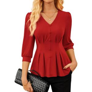 GRACE KARIN Women Business Casual Tops, 2026 Spring Trendy Dressy Blouses, 3/4 Sleeve Peplum Work Shirts V Neck Office Outfit(Red)