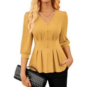 GRACE KARIN Women Business Casual Tops, 2026 Spring Trendy Dressy Blouses, 3/4 Sleeve Peplum Work Shirts V Neck Office Outfit(Yellow)