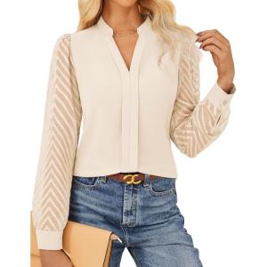 GRACE KARIN Women Business Casual Tops Sheer Lace Long Sleeve Blouses Work Office Pleated V Neck Shirt Fall Formal Outfits(Apricot)