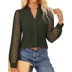 GRACE KARIN Women Business Casual Tops Sheer Lace Long Sleeve Blouses Work Office Pleated V Neck Shirt Fall Formal Outfits(Army Green)