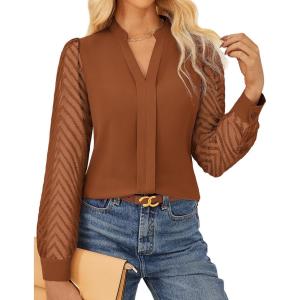 GRACE KARIN Women Business Casual Tops Sheer Lace Long Sleeve Blouses Work Office Pleated V Neck Shirt Fall Formal Outfits(Caramel)