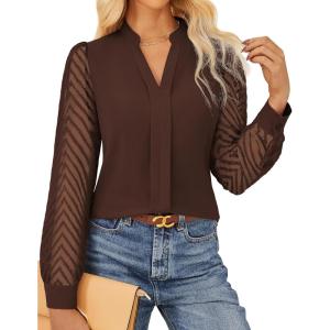GRACE KARIN Women Business Casual Tops Sheer Lace Long Sleeve Blouses Work Office Pleated V Neck Shirt Fall Formal Outfits(Coffee)