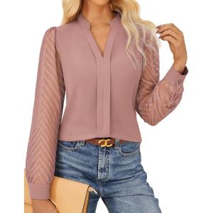 GRACE KARIN Women Business Casual Tops Sheer Lace Long Sleeve Blouses Work Office Pleated V Neck Shirt Fall Formal Outfits(Dusty Pink)