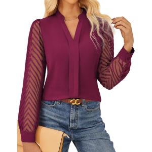 GRACE KARIN Women Business Casual Tops Sheer Lace Long Sleeve Blouses Work Office Pleated V Neck Shirt Fall Formal Outfits(Fuchsia)