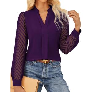 GRACE KARIN Women Business Casual Tops Sheer Lace Long Sleeve Blouses Work Office Pleated V Neck Shirt Fall Formal Outfits(Purple)