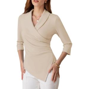 GRACE KARIN Women Dressy Wrap Work Tops,V Neck Business Casual Blouses, 3/4 Sleeve Ruched Elegant Shirts(Apricot)