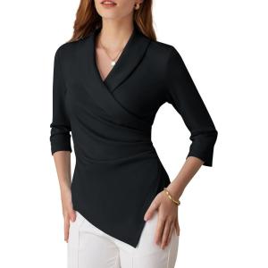 GRACE KARIN Women Dressy Wrap Work Tops,V Neck Business Casual Blouses, 3/4 Sleeve Ruched Elegant Shirts(Black)
