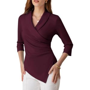 GRACE KARIN Women Dressy Wrap Work Tops,V Neck Business Casual Blouses, 3/4 Sleeve Ruched Elegant Shirts(Dark Red)