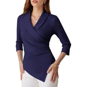GRACE KARIN Women Dressy Wrap Work Tops,V Neck Business Casual Blouses, 3/4 Sleeve Ruched Elegant Shirts(Navy Blue)