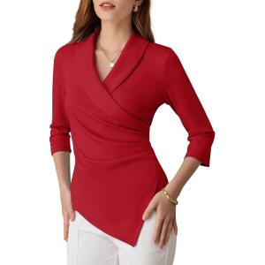 GRACE KARIN Women Dressy Wrap Work Tops,V Neck Business Casual Blouses, 3/4 Sleeve Ruched Elegant Shirts(Red)