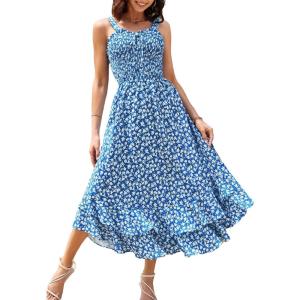GRACE KARIN Women’s 2025 Summer Floral Boho Dress Square Neck Strapped Swing A Line Sundress Beach Long Maxi Outfits(Blue)