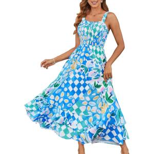 GRACE KARIN Women’s 2025 Summer Floral Boho Dress Square Neck Strapped Swing A Line Sundress Beach Long Maxi Outfits(Blue Green)