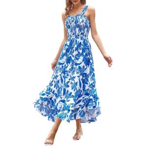 GRACE KARIN Women’s 2025 Summer Floral Boho Dress Square Neck Strapped Swing A Line Sundress Beach Long Maxi Outfits(Blue White)
