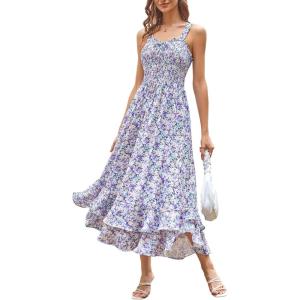 GRACE KARIN Women’s 2025 Summer Floral Boho Dress Square Neck Strapped Swing A Line Sundress Beach Long Maxi Outfits(Purple Floral)