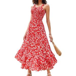 GRACE KARIN Women’s 2025 Summer Floral Boho Dress Square Neck Strapped Swing A Line Sundress Beach Long Maxi Outfits(Red)