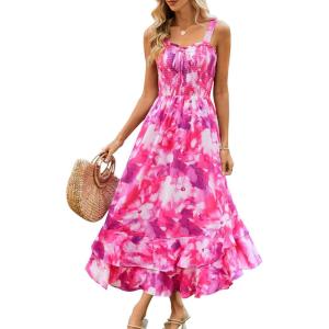 GRACE KARIN Women’s 2025 Summer Floral Boho Dress Square Neck Strapped Swing A Line Sundress Beach Long Maxi Outfits(Rose Purple)