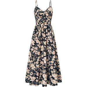 GRACE KARIN Women’s 2026 Summer Maxi Dress Floral Tie Front Spaghetti Strap Casual Boho Beach Flowy Sundress with Pockets(Black Beige Floral)