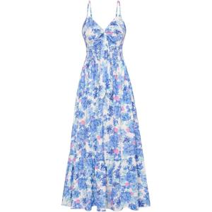 GRACE KARIN Women’s 2026 Summer Maxi Dress Floral Tie Front Spaghetti Strap Casual Boho Beach Flowy Sundress with Pockets(Blue Floral)