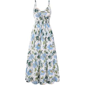 GRACE KARIN Women’s 2026 Summer Maxi Dress Floral Tie Front Spaghetti Strap Casual Boho Beach Flowy Sundress with Pockets(Blue Green Floral)