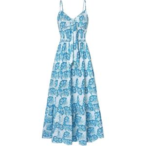 GRACE KARIN Women’s 2026 Summer Maxi Dress Floral Tie Front Spaghetti Strap Casual Boho Beach Flowy Sundress with Pockets(Blue White Floral)