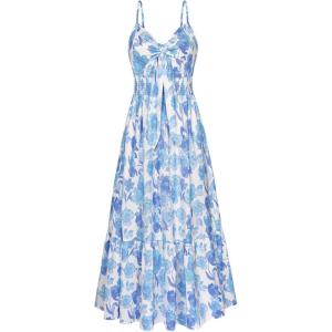 GRACE KARIN Women’s 2026 Summer Maxi Dress Floral Tie Front Spaghetti Strap Casual Boho Beach Flowy Sundress with Pockets(White Blue Floral)