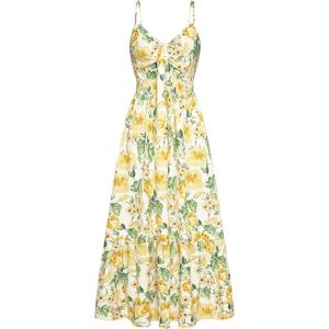 GRACE KARIN Women’s 2026 Summer Maxi Dress Floral Tie Front Spaghetti Strap Casual Boho Beach Flowy Sundress with Pockets(White Yellow Flowers)