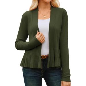 GRACE KARIN Women’s Lightweight Draped Open Front Cropped Cardigan Long Sleeve Sweaters Peplum Knit Tops(Army Green)