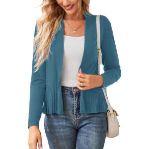 GRACE KARIN Women’s Lightweight Draped Open Front Cropped Cardigan Long Sleeve Sweaters Peplum Knit Tops(Blue)