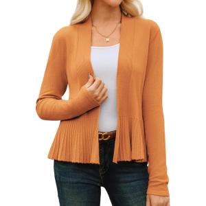GRACE KARIN Women’s Lightweight Draped Open Front Cropped Cardigan Long Sleeve Sweaters Peplum Knit Tops(Bright Brown)