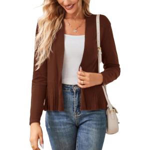 GRACE KARIN Women’s Lightweight Draped Open Front Cropped Cardigan Long Sleeve Sweaters Peplum Knit Tops(Brown)