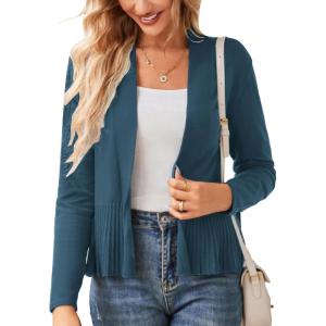 GRACE KARIN Women’s Lightweight Draped Open Front Cropped Cardigan Long Sleeve Sweaters Peplum Knit Tops(Gray Blue)
