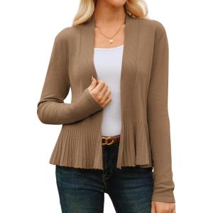 GRACE KARIN Women’s Lightweight Draped Open Front Cropped Cardigan Long Sleeve Sweaters Peplum Knit Tops(Khaki)