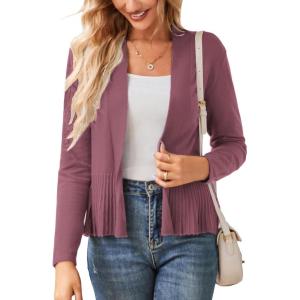 GRACE KARIN Women’s Lightweight Draped Open Front Cropped Cardigan Long Sleeve Sweaters Peplum Knit Tops(Ruby Wine)