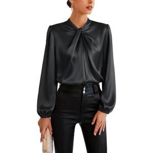GRACE KARIN Women’s Long Sleeve Satin Blouse,Mock Neck Work Silk Shirts,Dressy Tops for Business Casual Office(Black)