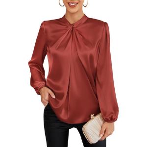 GRACE KARIN Women’s Long Sleeve Satin Blouse,Mock Neck Work Silk Shirts,Dressy Tops for Business Casual Office(Brick Red)