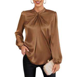 GRACE KARIN Women’s Long Sleeve Satin Blouse,Mock Neck Work Silk Shirts,Dressy Tops for Business Casual Office(Dark Brown)